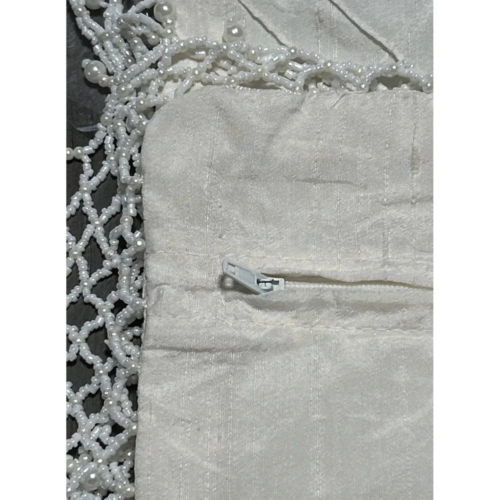 Throw Pillow Cover ONLY Beaded Pearly Dangly Satiny Off White Crocheted Trim 18